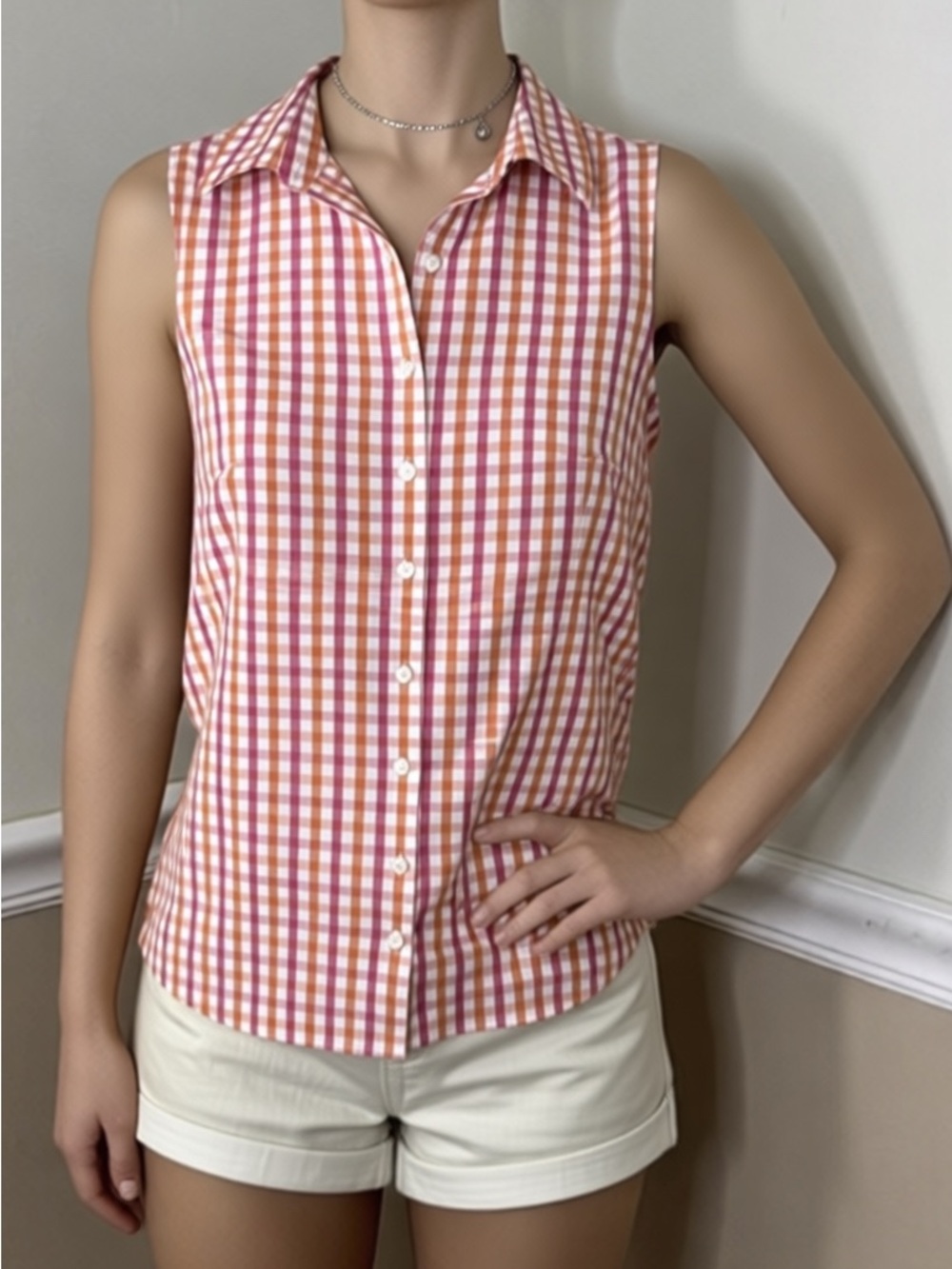 🩵 5 for $25! Lands' End Pink & Orange Gingham Sleeveless Button-Down